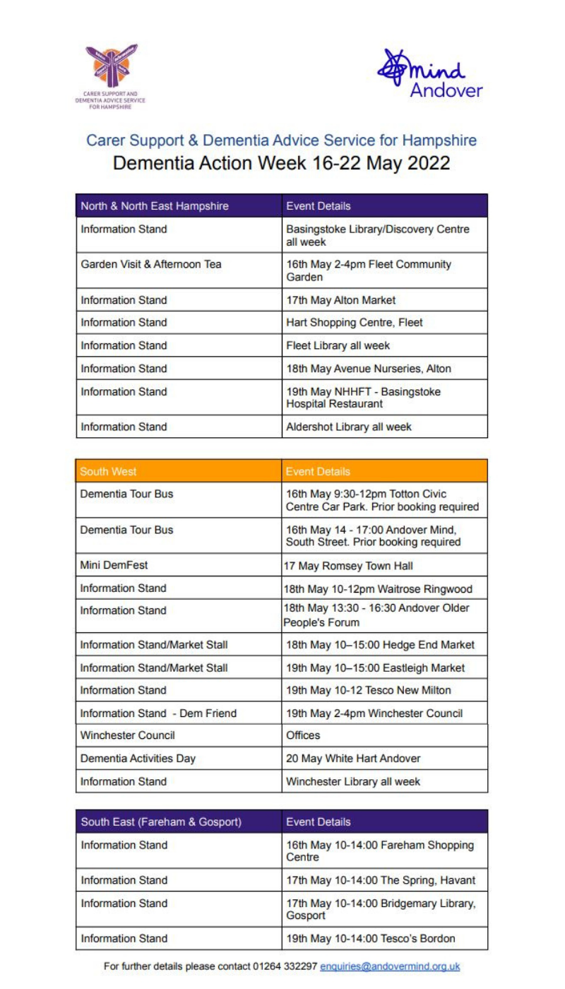 A table detailing the events taking place during Dementia Action Week